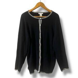 Vintage Deane & White Black Knit Cardigan Sweater Check Trim Womens Plus Size 1X